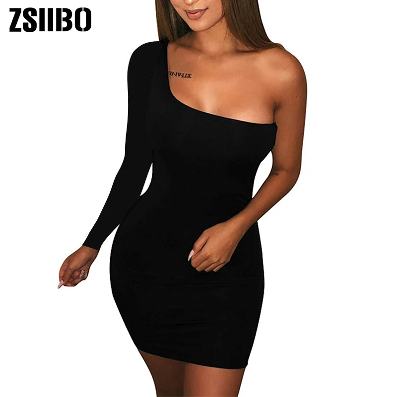 ZSIIBO Women's Casual Basic One Shoulder Tank Top Bodycon long sleeve sleeveless Mini Club Dress