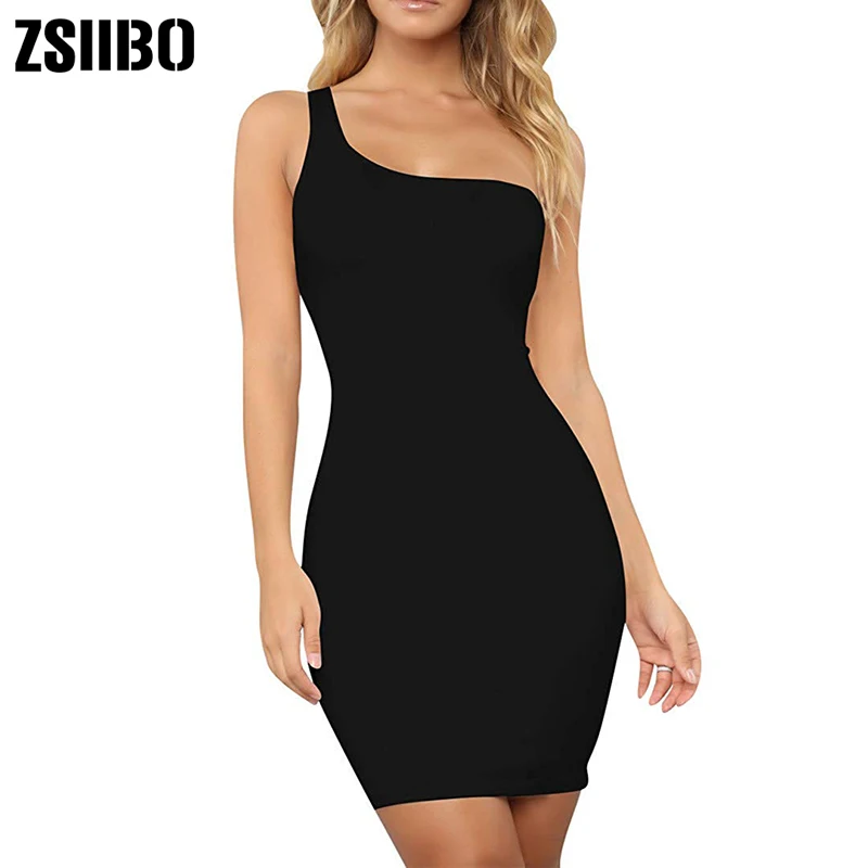 ZSIIBO Women's Casual Basic One Shoulder Tank Top Bodycon long sleeve sleeveless Mini Club Dress