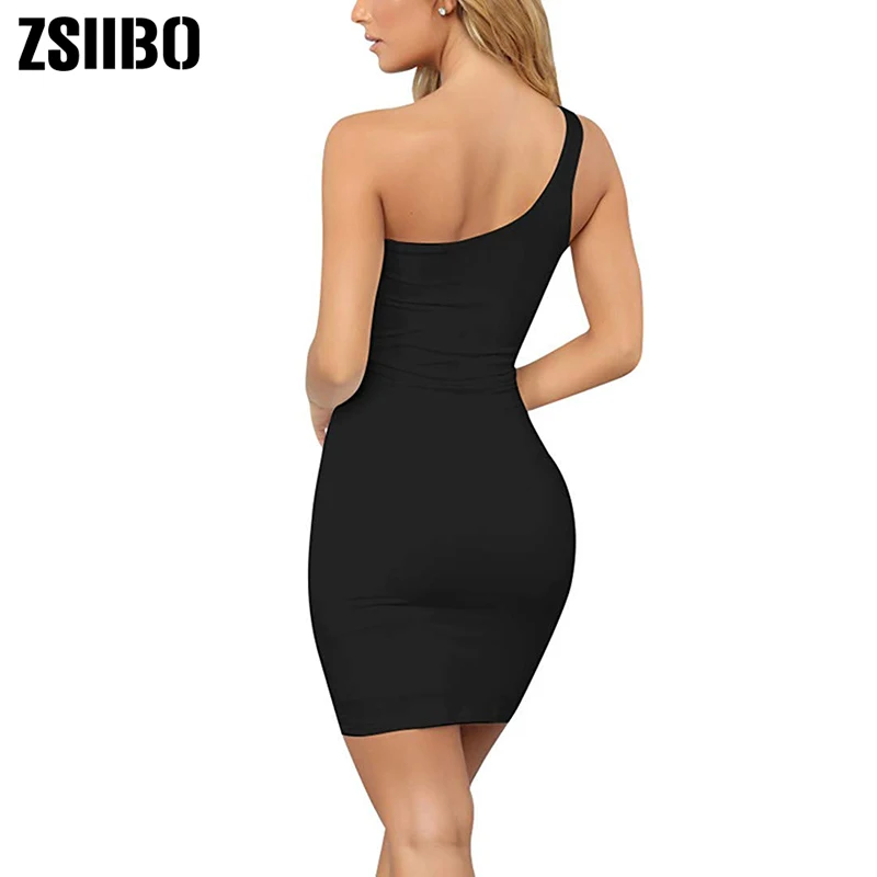 ZSIIBO Women's Casual Basic One Shoulder Tank Top Bodycon long sleeve sleeveless Mini Club Dress