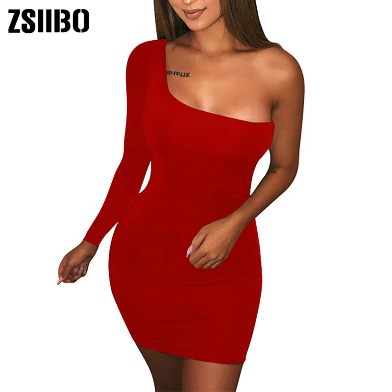 ZSIIBO Women's Casual Basic One Shoulder Tank Top Bodycon long sleeve sleeveless Mini Club Dress
