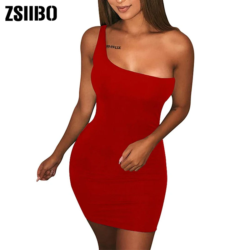 ZSIIBO Women's Casual Basic One Shoulder Tank Top Bodycon long sleeve sleeveless Mini Club Dress