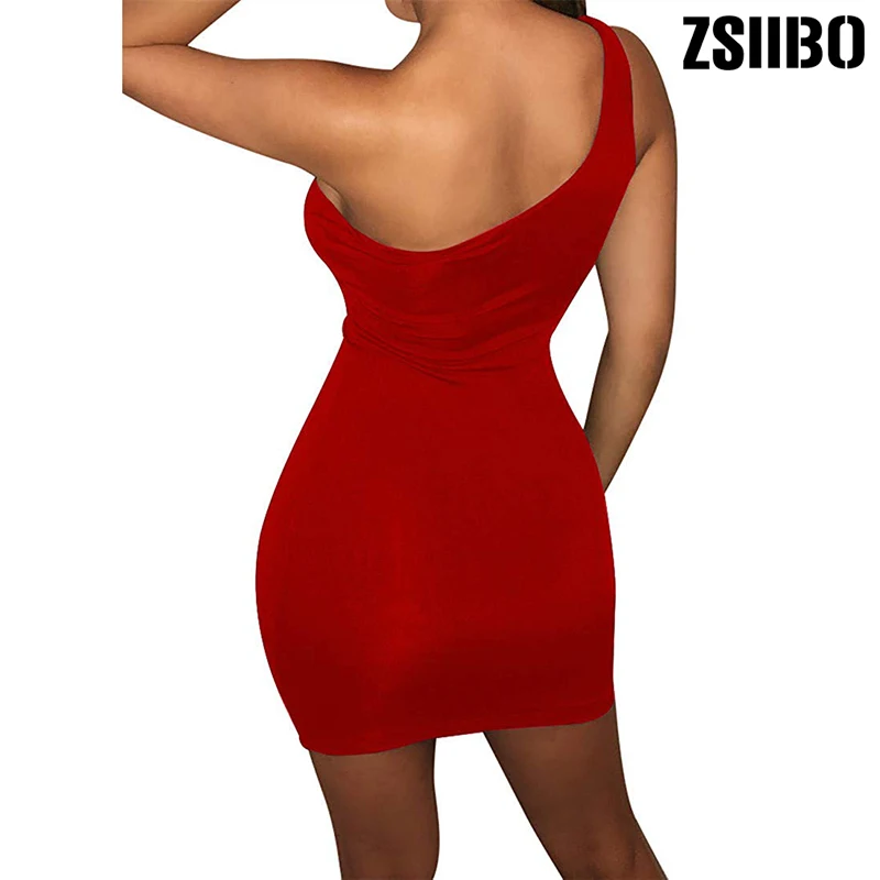 ZSIIBO Women's Casual Basic One Shoulder Tank Top Bodycon long sleeve sleeveless Mini Club Dress