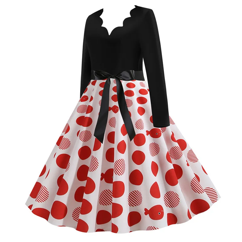 Black Big Swing Print Vintage Christmas Dress Women Winter Casual Long Sleeve V Neck Sexy New Year Party Dress Plus Size S~3XL