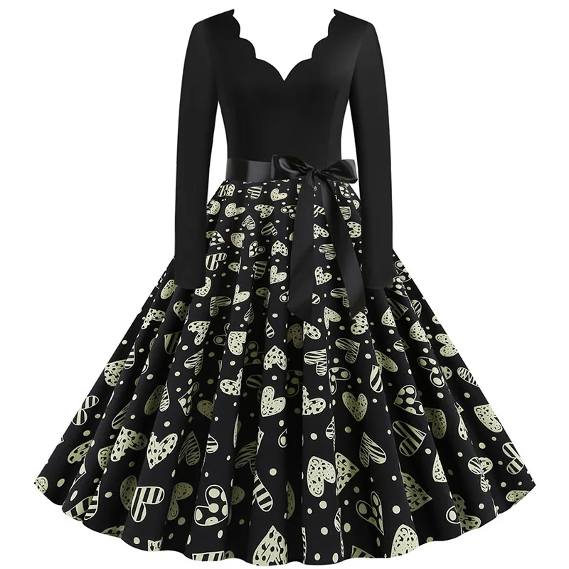 Black Big Swing Print Vintage Christmas Dress Women Winter Casual Long Sleeve V Neck Sexy New Year Party Dress Plus Size S~3XL