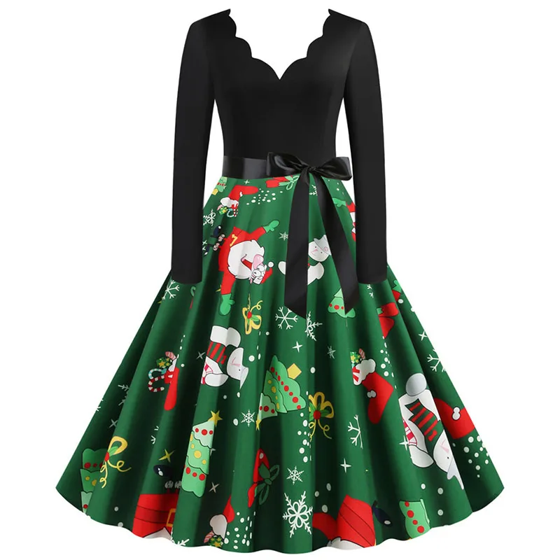 Black Big Swing Print Vintage Christmas Dress Women Winter Casual Long Sleeve V Neck Sexy New Year Party Dress Plus Size S~3XL