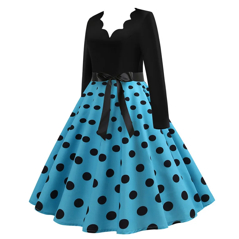 Black Big Swing Print Vintage Christmas Dress Women Winter Casual Long Sleeve V Neck Sexy New Year Party Dress Plus Size S~3XL