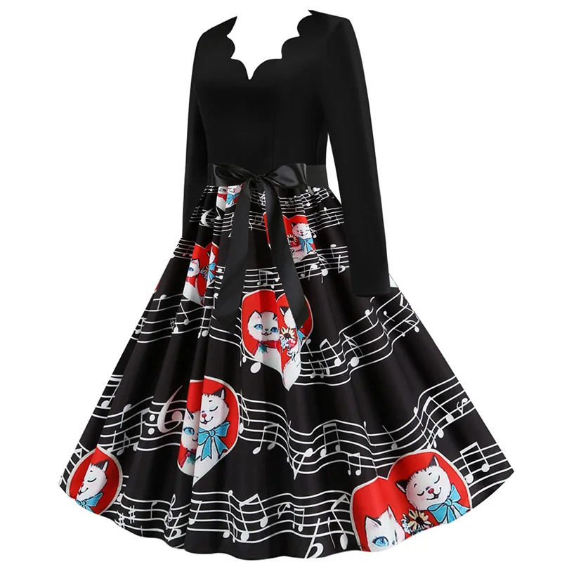 Black Big Swing Print Vintage Christmas Dress Women Winter Casual Long Sleeve V Neck Sexy New Year Party Dress Plus Size S~3XL