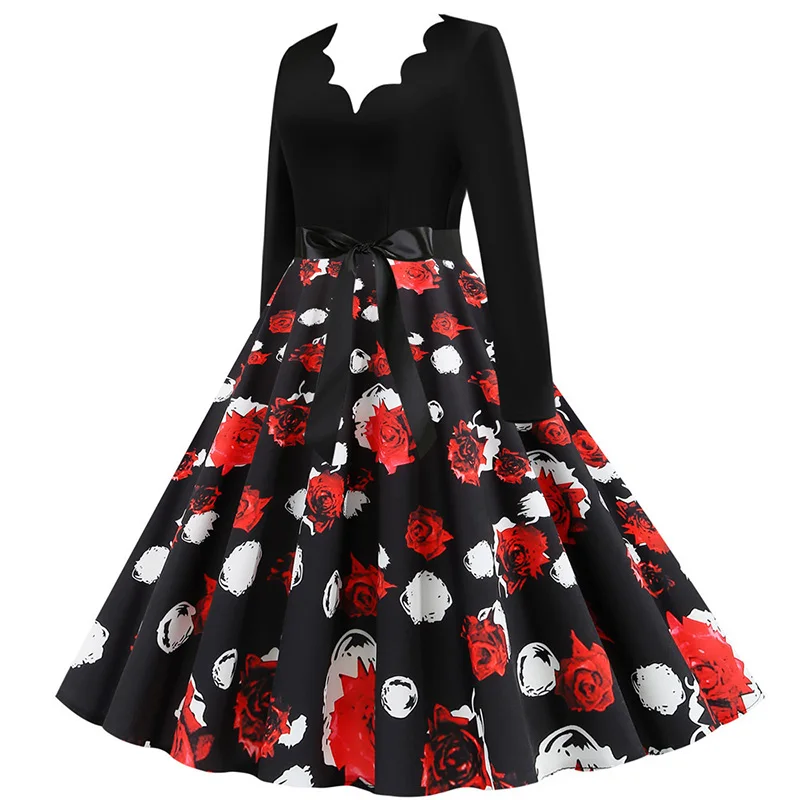 Black Big Swing Print Vintage Christmas Dress Women Winter Casual Long Sleeve V Neck Sexy New Year Party Dress Plus Size S~3XL