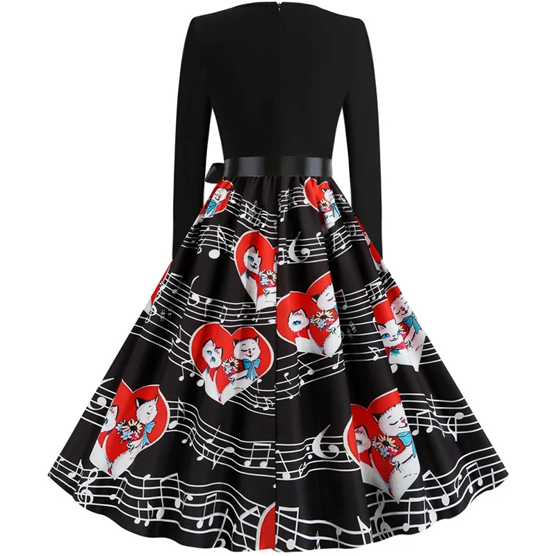 Black Big Swing Print Vintage Christmas Dress Women Winter Casual Long Sleeve V Neck Sexy New Year Party Dress Plus Size S~3XL
