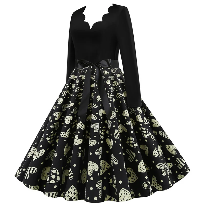 Black Big Swing Print Vintage Christmas Dress Women Winter Casual Long Sleeve V Neck Sexy New Year Party Dress Plus Size S~3XL