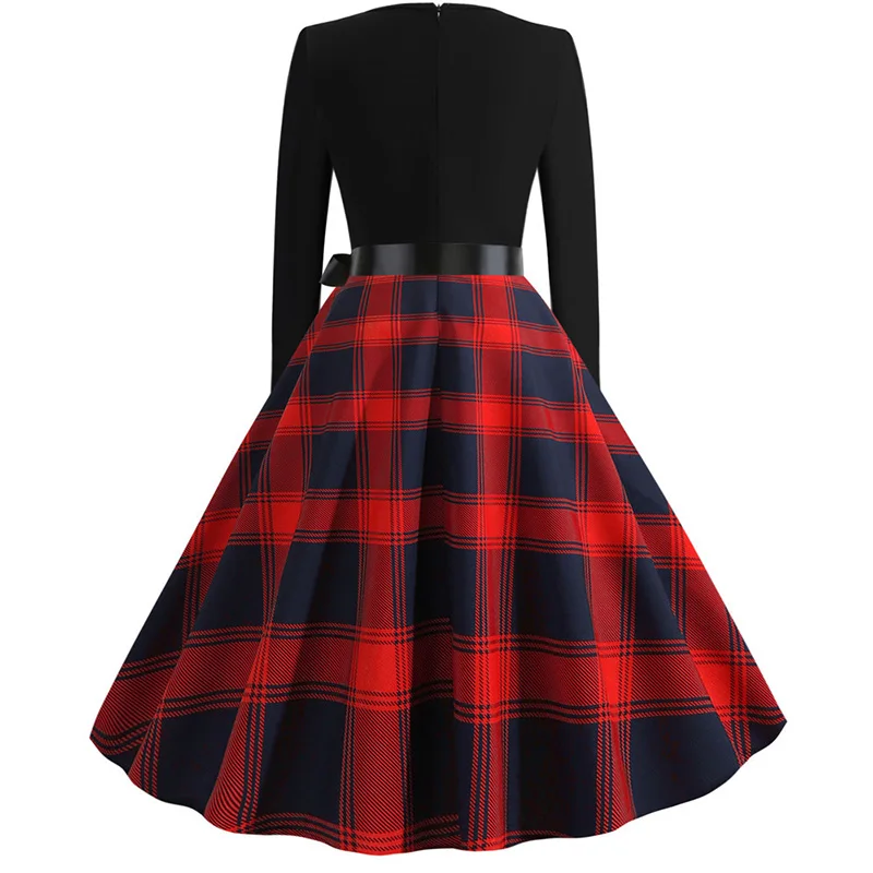 Black Big Swing Print Vintage Christmas Dress Women Winter Casual Long Sleeve V Neck Sexy New Year Party Dress Plus Size S~3XL