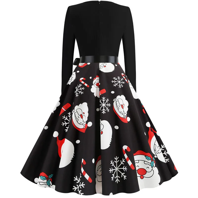 Black Big Swing Print Vintage Christmas Dress Women Winter Casual Long Sleeve V Neck Sexy New Year Party Dress Plus Size S~3XL