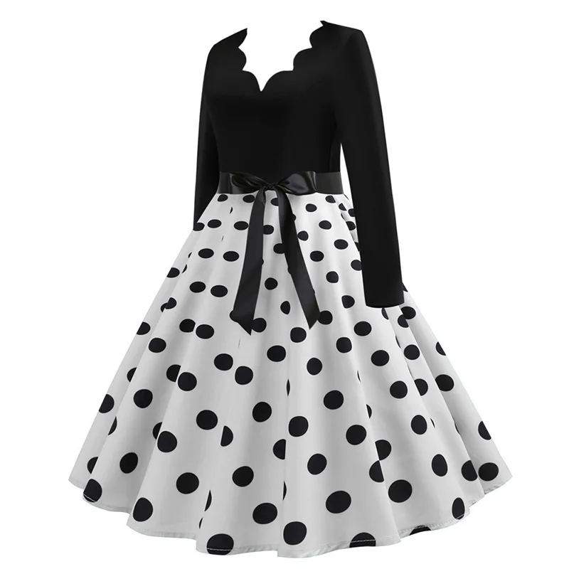 Black Big Swing Print Vintage Christmas Dress Women Winter Casual Long Sleeve V Neck Sexy New Year Party Dress Plus Size S~3XL