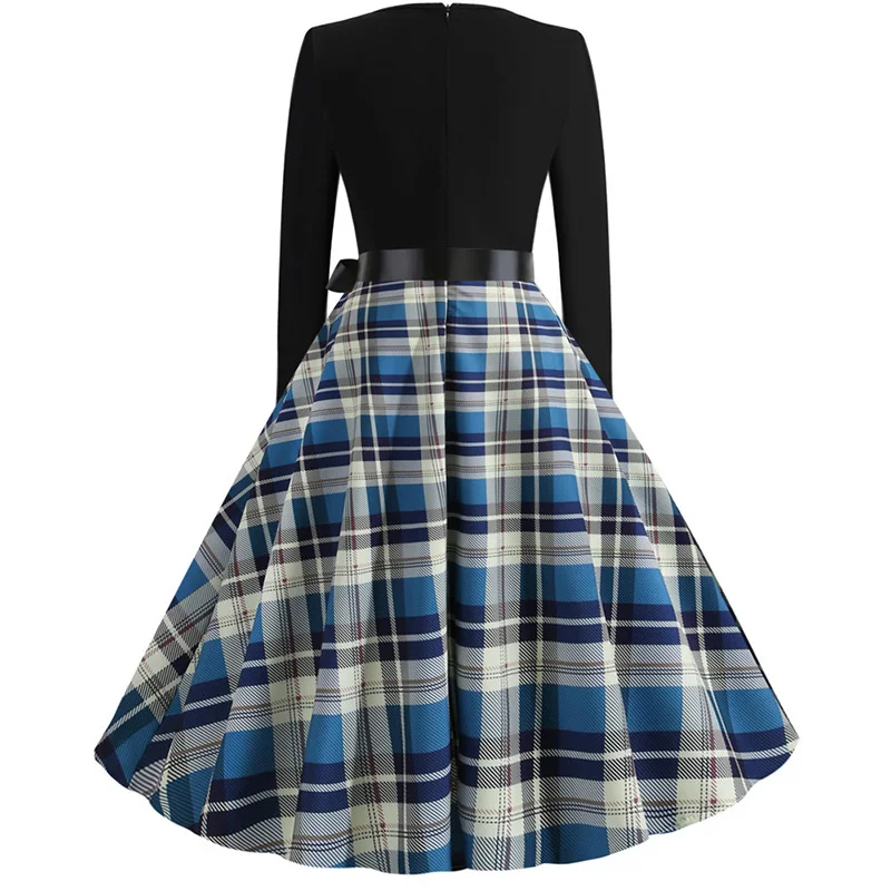 Black Big Swing Print Vintage Christmas Dress Women Winter Casual Long Sleeve V Neck Sexy New Year Party Dress Plus Size S~3XL