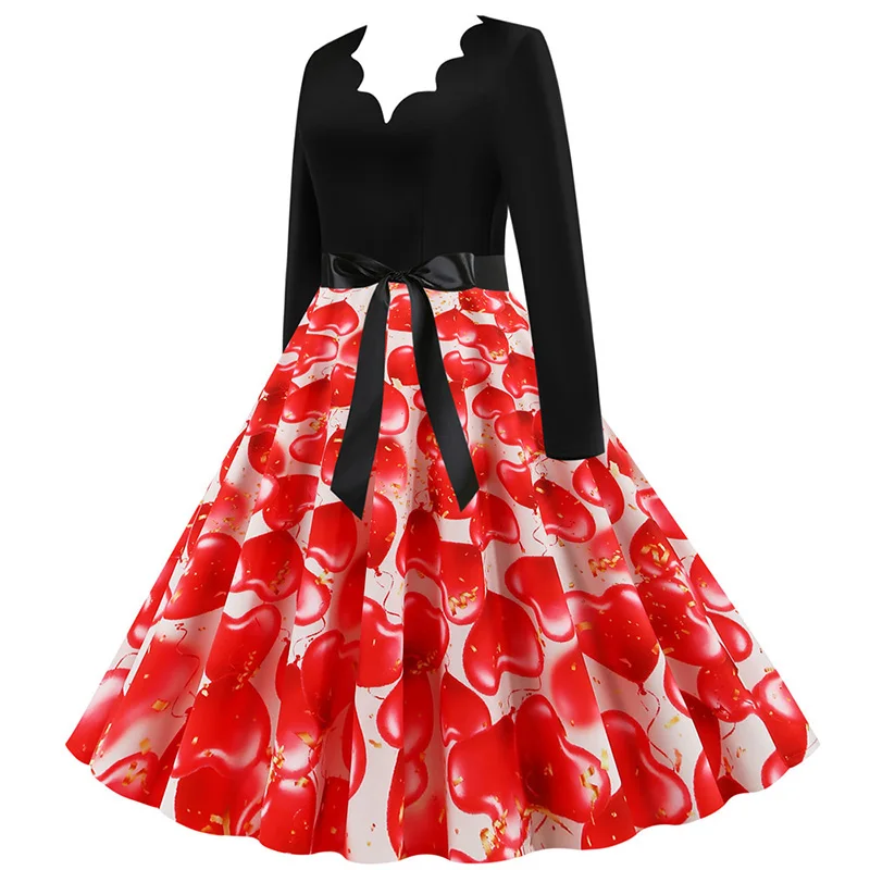 Black Big Swing Print Vintage Christmas Dress Women Winter Casual Long Sleeve V Neck Sexy New Year Party Dress Plus Size S~3XL