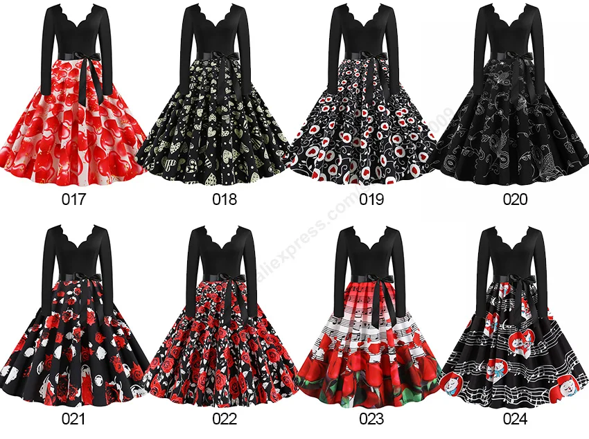 Black Big Swing Print Vintage Christmas Dress Women Winter Casual Long Sleeve V Neck Sexy New Year Party Dress Plus Size S~3XL