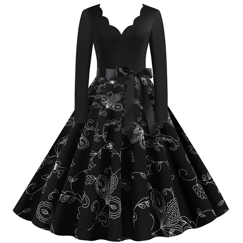 Black Big Swing Print Vintage Christmas Dress Women Winter Casual Long Sleeve V Neck Sexy New Year Party Dress Plus Size S~3XL