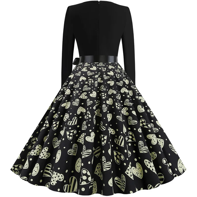 Black Big Swing Print Vintage Christmas Dress Women Winter Casual Long Sleeve V Neck Sexy New Year Party Dress Plus Size S~3XL