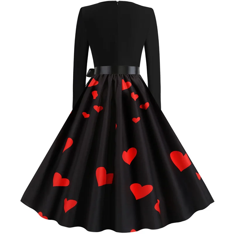 Black Big Swing Print Vintage Christmas Dress Women Winter Casual Long Sleeve V Neck Sexy New Year Party Dress Plus Size S~3XL