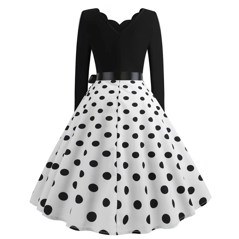 Black Big Swing Print Vintage Christmas Dress Women Winter Casual Long Sleeve V Neck Sexy New Year Party Dress Plus Size S~3XL