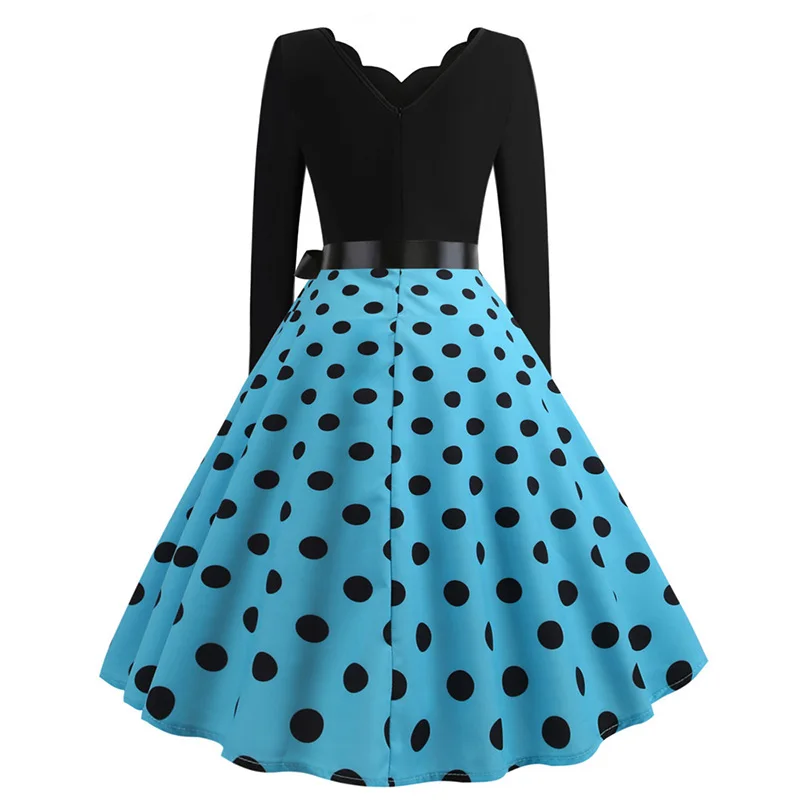 Black Big Swing Print Vintage Christmas Dress Women Winter Casual Long Sleeve V Neck Sexy New Year Party Dress Plus Size S~3XL