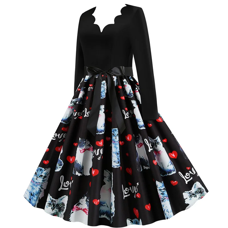 Black Big Swing Print Vintage Christmas Dress Women Winter Casual Long Sleeve V Neck Sexy New Year Party Dress Plus Size S~3XL