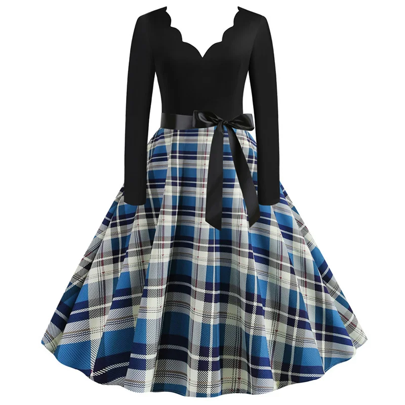 Black Big Swing Print Vintage Christmas Dress Women Winter Casual Long Sleeve V Neck Sexy New Year Party Dress Plus Size S~3XL