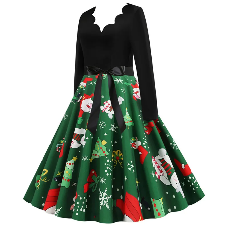 Black Big Swing Print Vintage Christmas Dress Women Winter Casual Long Sleeve V Neck Sexy New Year Party Dress Plus Size S~3XL
