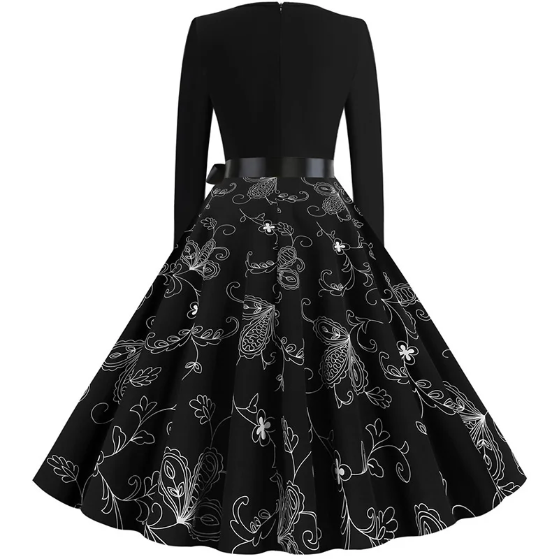 Black Big Swing Print Vintage Christmas Dress Women Winter Casual Long Sleeve V Neck Sexy New Year Party Dress Plus Size S~3XL