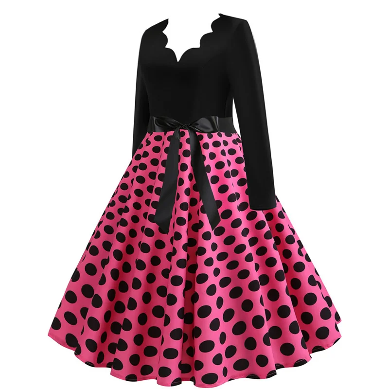 Black Big Swing Print Vintage Christmas Dress Women Winter Casual Long Sleeve V Neck Sexy New Year Party Dress Plus Size S~3XL