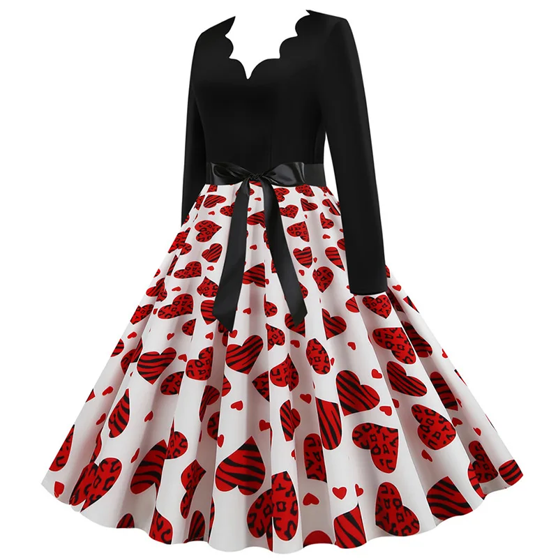 Black Big Swing Print Vintage Christmas Dress Women Winter Casual Long Sleeve V Neck Sexy New Year Party Dress Plus Size S~3XL