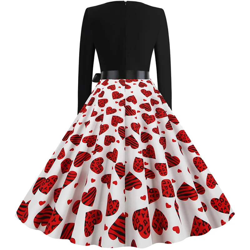 Black Big Swing Print Vintage Christmas Dress Women Winter Casual Long Sleeve V Neck Sexy New Year Party Dress Plus Size S~3XL