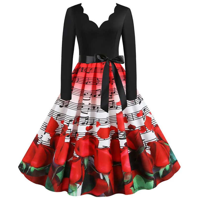 Black Big Swing Print Vintage Christmas Dress Women Winter Casual Long Sleeve V Neck Sexy New Year Party Dress Plus Size S~3XL