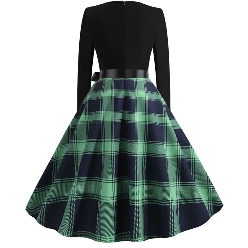 Black Big Swing Print Vintage Christmas Dress Women Winter Casual Long Sleeve V Neck Sexy New Year Party Dress Plus Size S~3XL