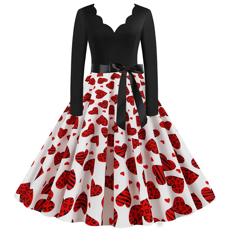 Black Big Swing Print Vintage Christmas Dress Women Winter Casual Long Sleeve V Neck Sexy New Year Party Dress Plus Size S~3XL