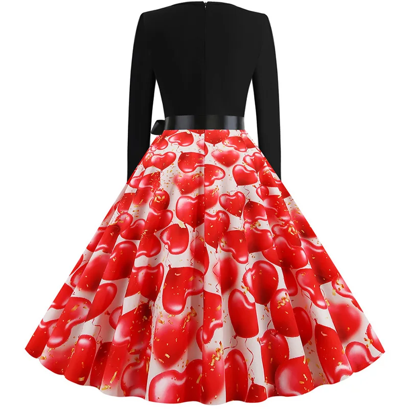 Black Big Swing Print Vintage Christmas Dress Women Winter Casual Long Sleeve V Neck Sexy New Year Party Dress Plus Size S~3XL