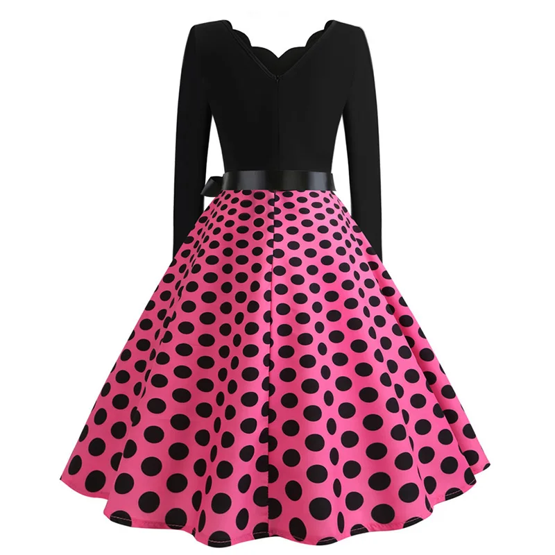 Black Big Swing Print Vintage Christmas Dress Women Winter Casual Long Sleeve V Neck Sexy New Year Party Dress Plus Size S~3XL