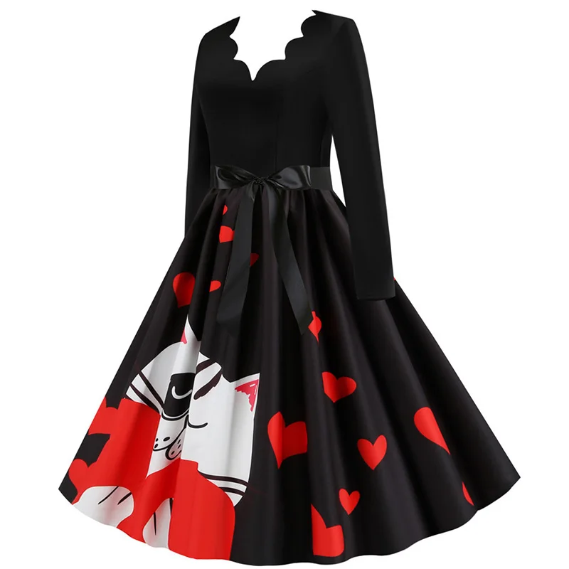 Black Big Swing Print Vintage Christmas Dress Women Winter Casual Long Sleeve V Neck Sexy New Year Party Dress Plus Size S~3XL