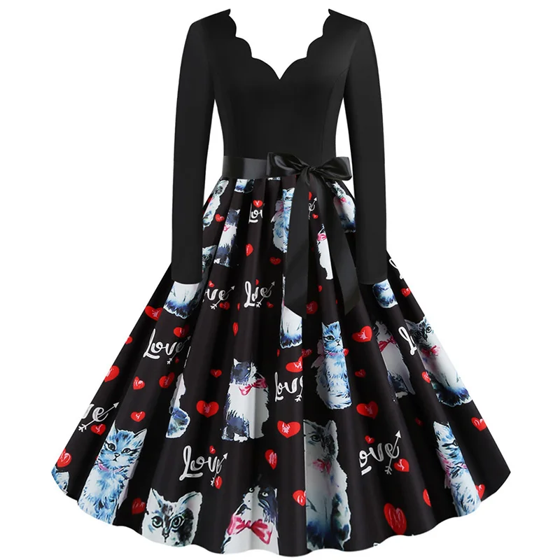 Black Big Swing Print Vintage Christmas Dress Women Winter Casual Long Sleeve V Neck Sexy New Year Party Dress Plus Size S~3XL