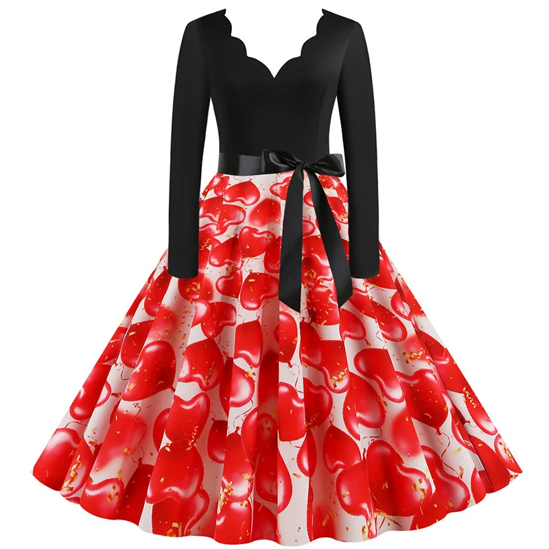 Black Big Swing Print Vintage Christmas Dress Women Winter Casual Long Sleeve V Neck Sexy New Year Party Dress Plus Size S~3XL