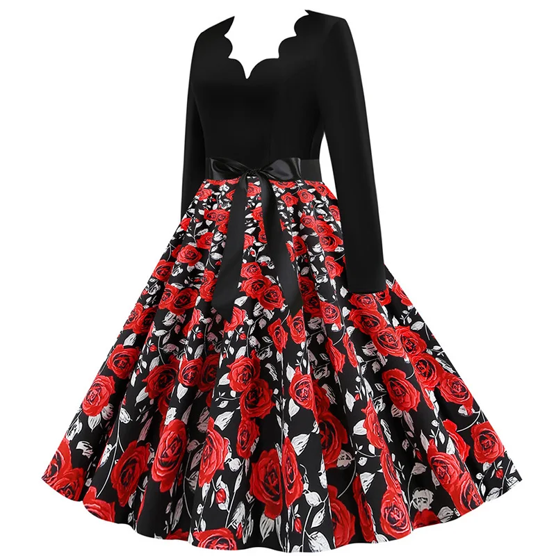 Black Big Swing Print Vintage Christmas Dress Women Winter Casual Long Sleeve V Neck Sexy New Year Party Dress Plus Size S~3XL