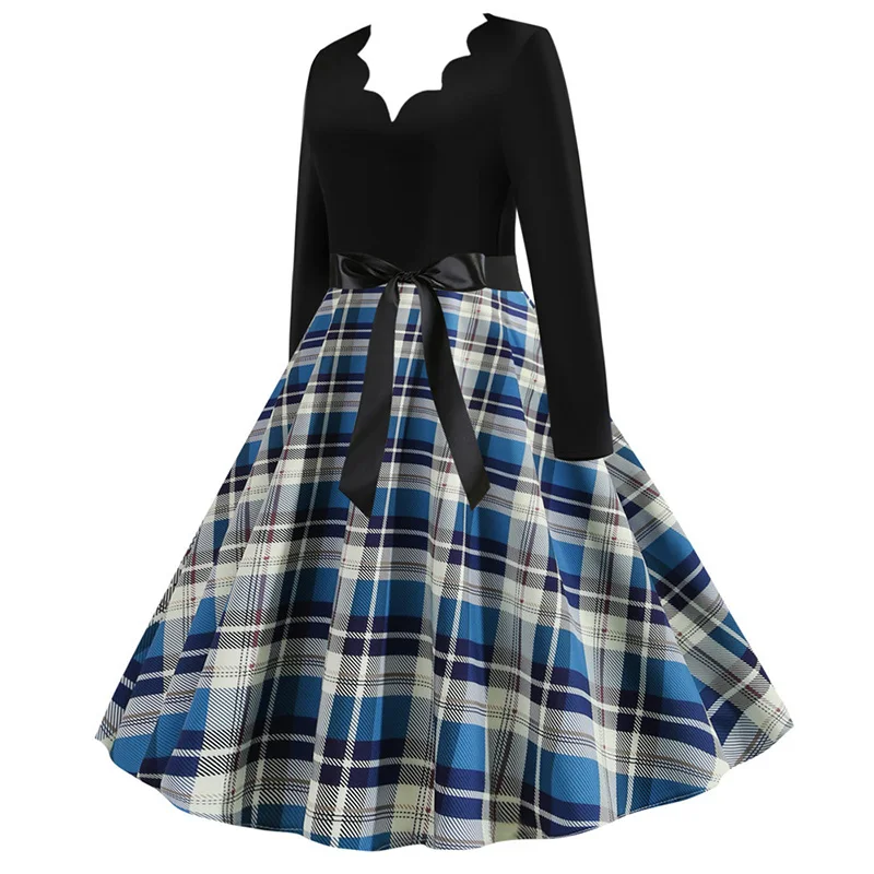 Black Big Swing Print Vintage Christmas Dress Women Winter Casual Long Sleeve V Neck Sexy New Year Party Dress Plus Size S~3XL