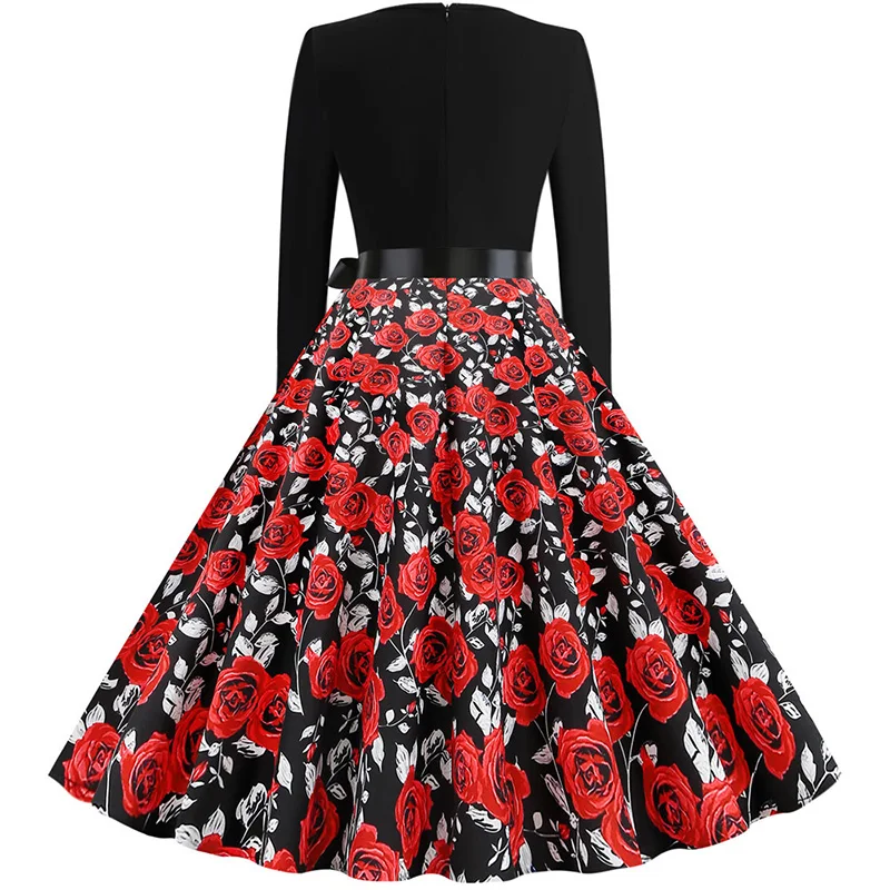 Black Big Swing Print Vintage Christmas Dress Women Winter Casual Long Sleeve V Neck Sexy New Year Party Dress Plus Size S~3XL