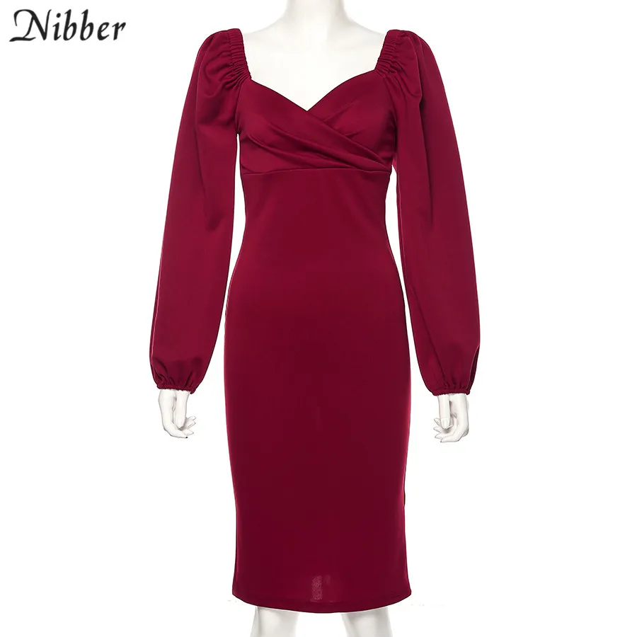 Nibber sexy pure V Neck off shoulder bodycon dress women autumn winter club party night red Elegant midi dress Mujer black dress