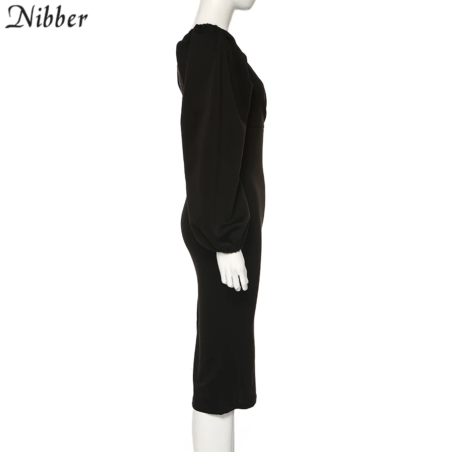 Nibber sexy pure V Neck off shoulder bodycon dress women autumn winter club party night red Elegant midi dress Mujer black dress