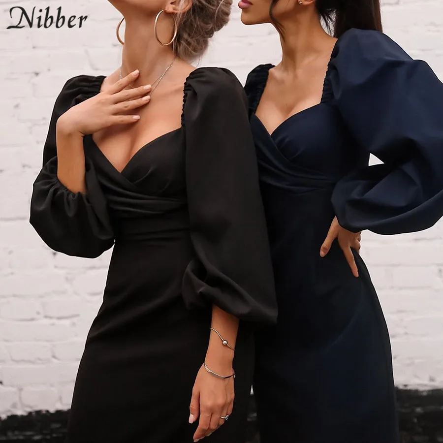 Nibber sexy pure V Neck off shoulder bodycon dress women autumn winter club party night red Elegant midi dress Mujer black dress