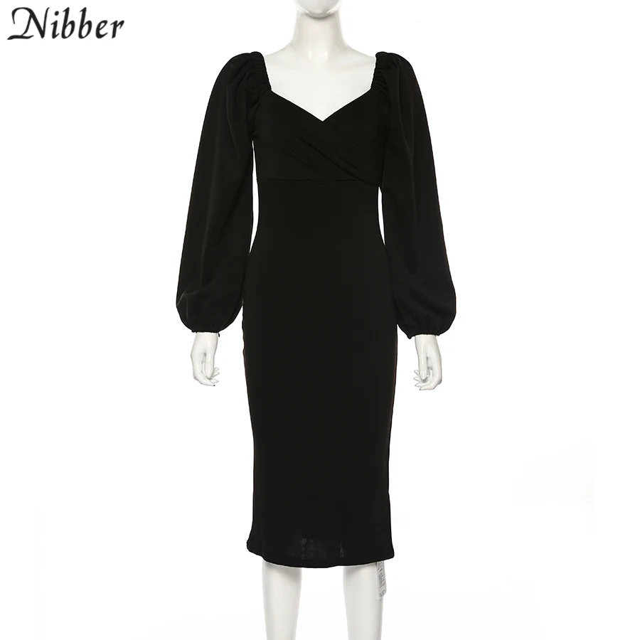 Nibber sexy pure V Neck off shoulder bodycon dress women autumn winter club party night red Elegant midi dress Mujer black dress