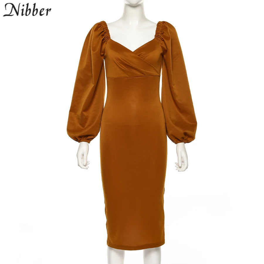 Nibber sexy pure V Neck off shoulder bodycon dress women autumn winter club party night red Elegant midi dress Mujer black dress