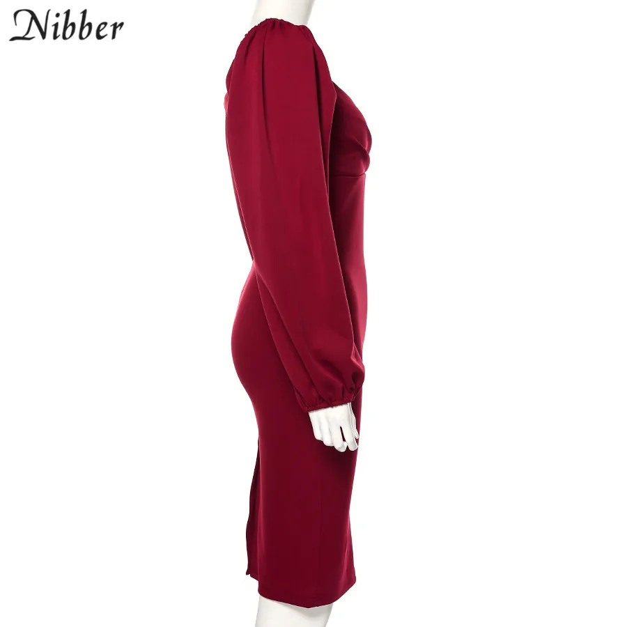 Nibber sexy pure V Neck off shoulder bodycon dress women autumn winter club party night red Elegant midi dress Mujer black dress