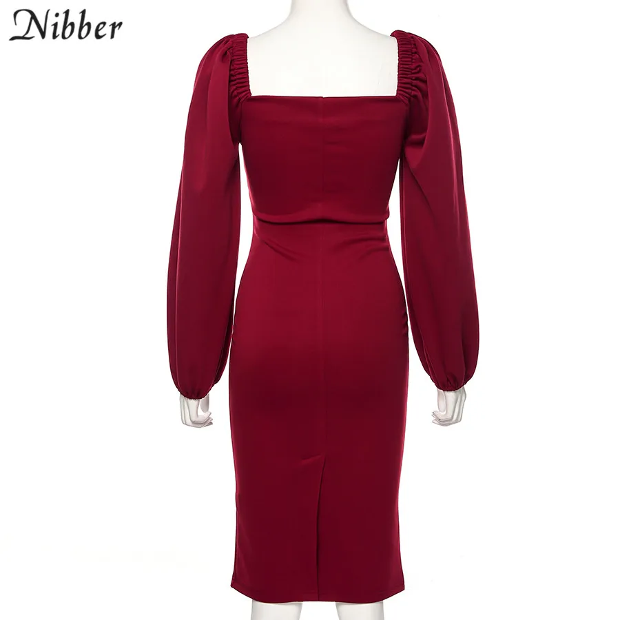 Nibber sexy pure V Neck off shoulder bodycon dress women autumn winter club party night red Elegant midi dress Mujer black dress